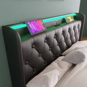 English Elm Queen Upholstered Bed with Surround LED, App/Remote Control, Hydraulic Storage, USB Type-C Charging Black N736P188807B