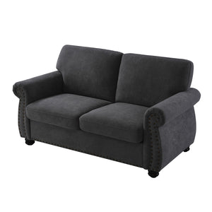 English Elm Soft Velvet Upholstered Loveseat with Turned Wood Legs Nailhead Trim Mid-century Style Black B2735P292309