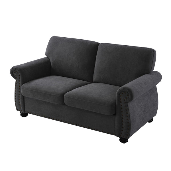 English Elm Soft Velvet Upholstered Loveseat with Turned Wood Legs Nailhead Trim Mid-century Style Black B2735P292309