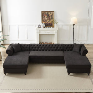 English Elm 135.5-inch Modern Chenille U-Shaped Sectional Sofa with Dual Chaise, Pull-Point Detail, Pillows, Wooden Legs Black W1926S00046