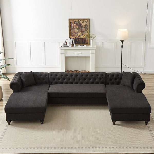 English Elm 135.5-inch Modern Chenille U-Shaped Sectional Sofa with Dual Chaise, Pull-Point Detail, Pillows, Wooden Legs Black W1926S00046