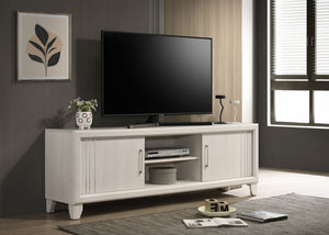 English Elm Contemporary Maidstone TV Console with Sintered Stone Top, Silver-Capped Arrow Legs, Open Storage Beige 19 L x 75 W x 24 H B2741P406257