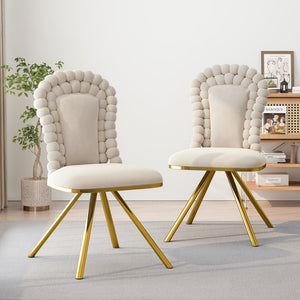 English Elm Dining Velvet Swivel Chairs Set of 2 with Hairball Backrest, Gold Metal Legs, Plush Foam Seat, Adjustable Feet Beige W757P281151