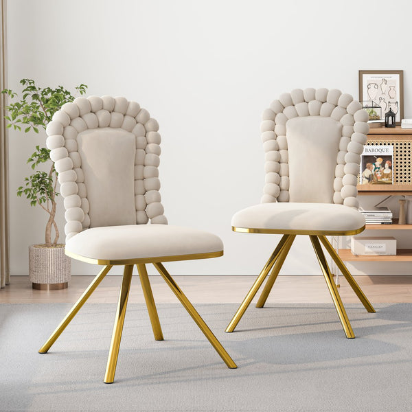 English Elm Dining Velvet Swivel Chairs Set of 2 with Hairball Backrest, Gold Metal Legs, Plush Foam Seat, Adjustable Feet Beige W757P281151