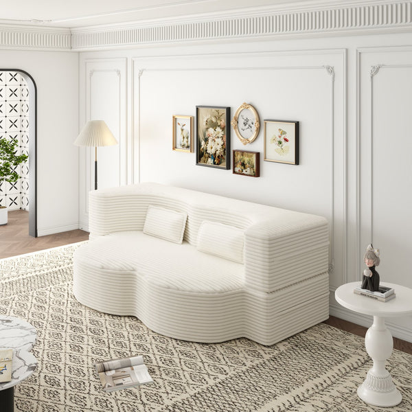 English Elm Modern Full Size Folding Sofa Bed with Plush Corduroy, 2 Pillows, 15" Foam Mattress, No Assembly Required Beige+White W1885P347080