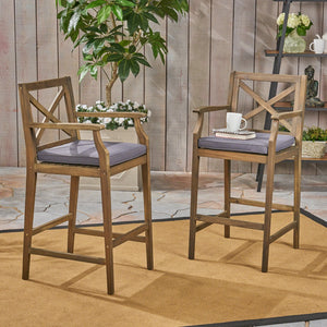 English Elm Christopher Knight Home® - PERLA Acacia Wood Outdoor Barstool Set of 2 with Water-Resistant Cushions, Cross-Back Farmhouse Charm Grey 63748.00GGRY