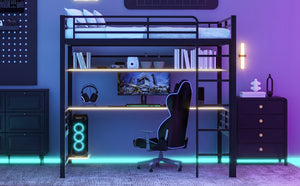 English Elm Full Size Metal Loft Bed Frame with Desk, LED Lights, Storage Shelves & Guardrails for Gamers DL002208AAB