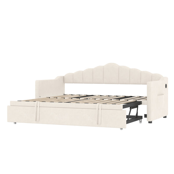 English Elm Upholstered Twin Daybed with Pop-Up Trundle, Built-In USB Type-C Charger, Side Pockets, Velvet Frame Beige 77.25 L x 17.25 W x 5.31 H N733S285118A