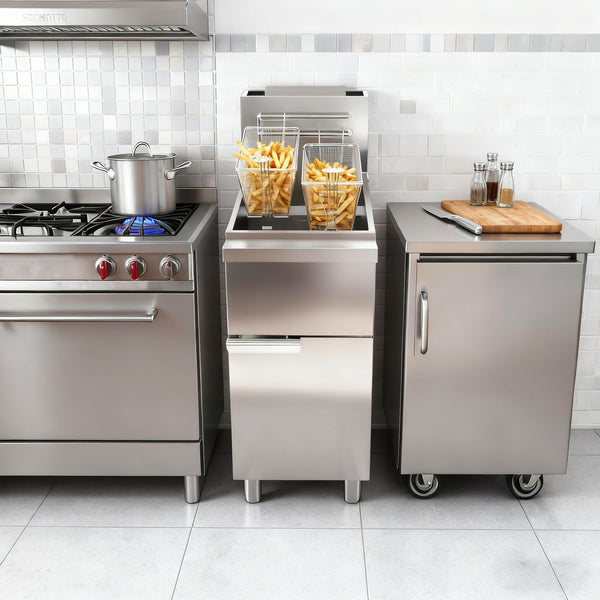 English Elm Commercial Gas Floor Fryer Stainless Steel 120000 Btu Four Tube Burner 50lb Capacity W5057P394295