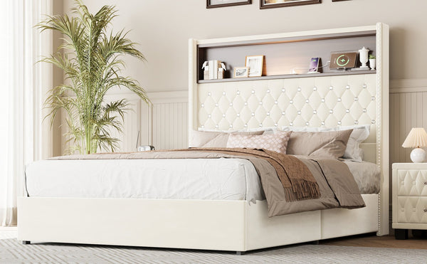 English Elm Full Velvet Wingback Platform Bed Tufted Headboard Shelf Usb Port Rivet Trim N733P368653A