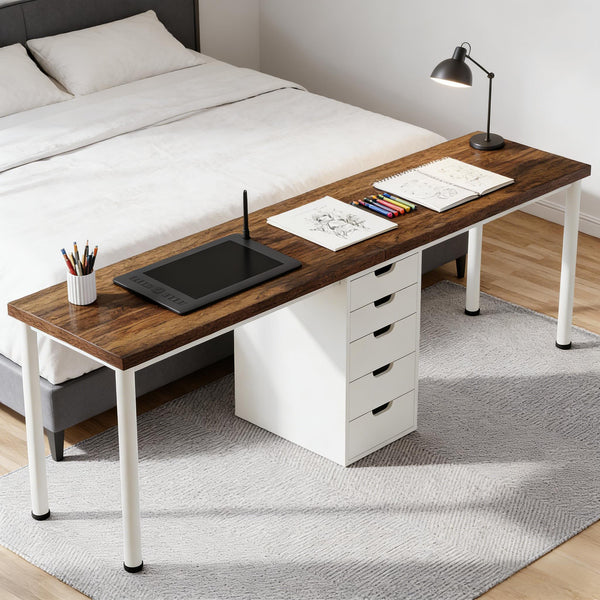 English Elm Computer Desk Two Person Wood Grain Workstation with Drawers for Shared Home Office T3971P453706