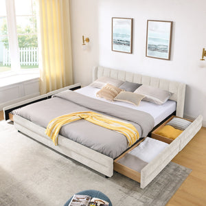 English Elm King Chenille Upholstered Platform Bed with Storage Drawers and Structured Headboard Beige W487S00414