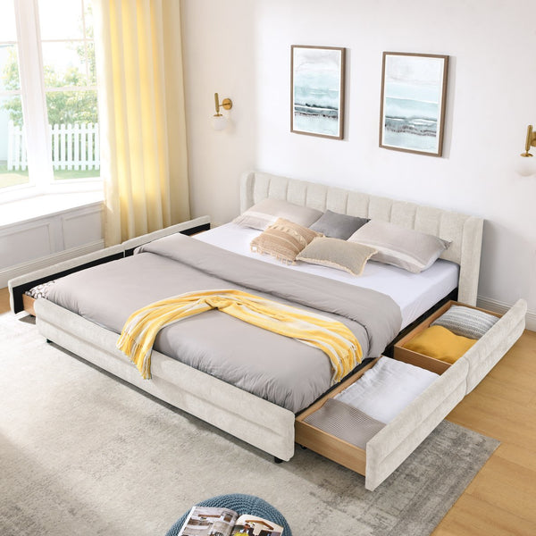 English Elm King Chenille Upholstered Platform Bed with Storage Drawers and Structured Headboard Beige W487S00414