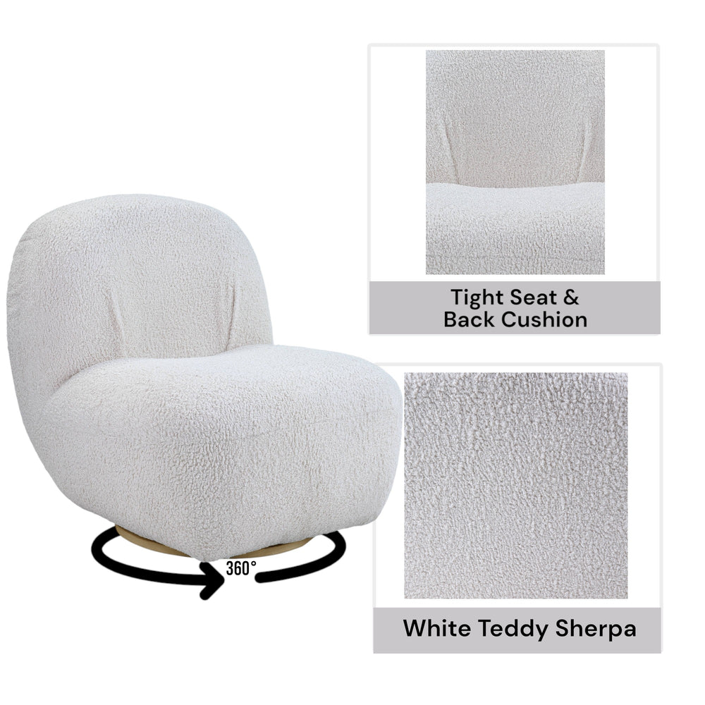 English Elm Yedaid Plush White Teddy Sherpa Accent Chair with 360° Swivel, Full Foam Comfort & Wooden Frame B2726P251792