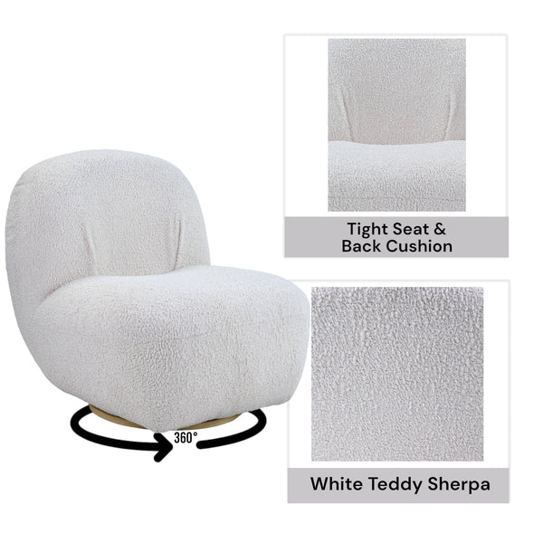 English Elm Yedaid Plush White Teddy Sherpa Accent Chair with 360° Swivel, Full Foam Comfort & Wooden Frame B2726P251792