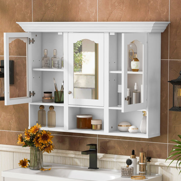 English Elm 47" Wall Mounted Bathroom Cabinet with Mirror — Space-Saving 3 Adjustable Shelves, Pine Accents, Water-Resistant Finish N710P264268K