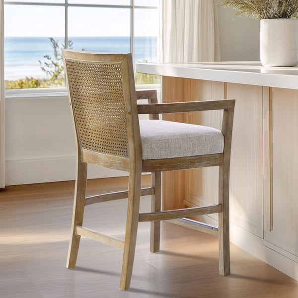 JLA Home Madison Park - Reclaimed Diedra Counter Stool with Natural Rattan Back, Upholstered Foam Seat & Bronze Kickplate MP104-1239