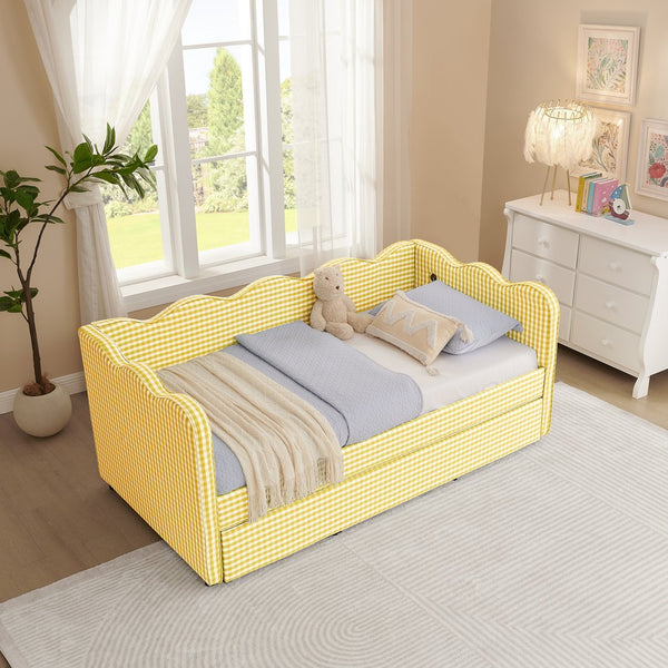 English Elm Cozy Gingham Linen Daybed with Pull Out Trundle Usb Port Wave Back Twin Sofa Yellow W1413S00121