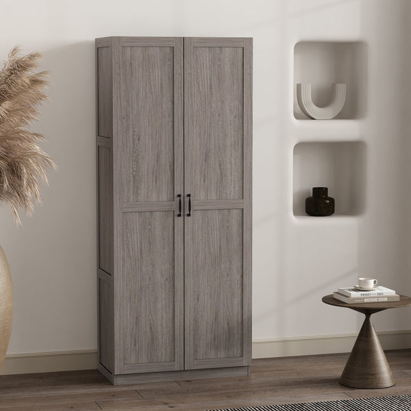 English Elm Cornelia Grey Storage Cabinet 71" Tall MDF with 6 Adjustable Shelves, Soft-Close Doors & Mop Base B365P397854