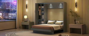 English Elm Full Size Murphy Bed with Open Shelving Wardrobe and Led Lighting for Studio Spaces Gray LP000898AAE