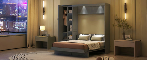 English Elm Full Size Murphy Bed with Open Shelving Wardrobe and Led Lighting for Studio Spaces Gray LP000898AAE