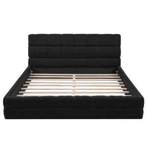 English Elm Queen Upholstered Platform Bed with Padded Headboard, Slat Support, Modern Stitch Detail for Comfort Black DL001520AAB