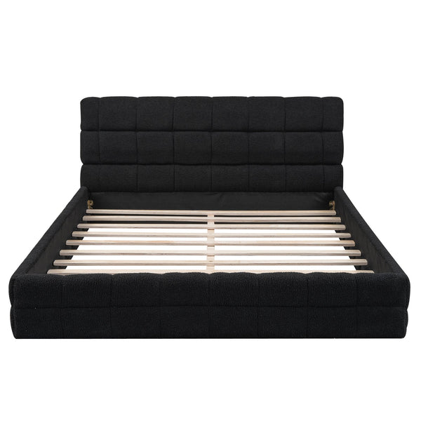 English Elm Queen Upholstered Platform Bed with Padded Headboard, Slat Support, Modern Stitch Detail for Comfort Black DL001520AAB