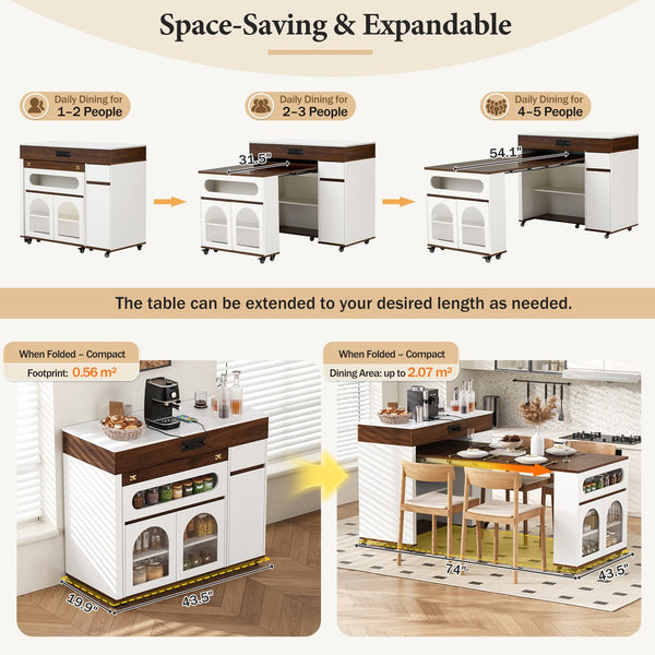 English Elm Trexm Rolling Kitchen Island Extendable Marble Top Cabinet Drawers Power Outlet Creamy White,Walnut XW000029AAD