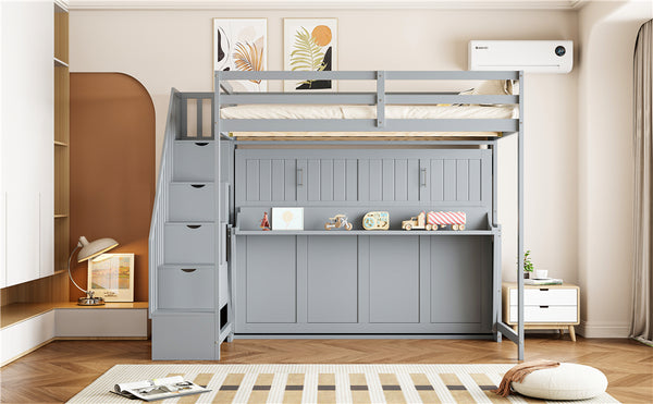 English Elm Full Over Murphy Bunk Bed with Hydraulic Lift Staircase Storage and Fold Away Desk LP000698AAE