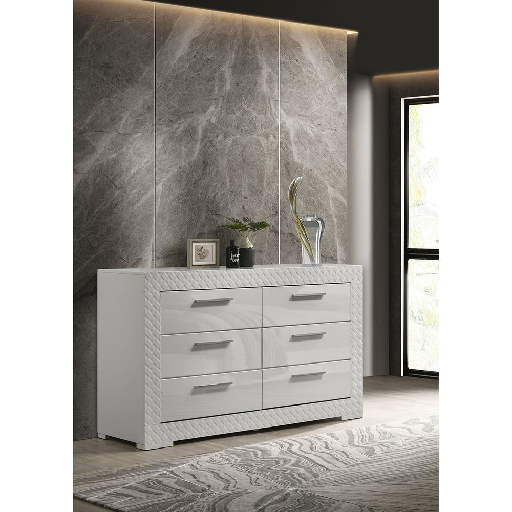 English Elm Pierce Six Drawer Diamond Embossed Dresser with Sleek High Sheen Finish for Modern Bedrooms Gloss White B062P447669