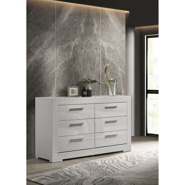 English Elm Pierce Six Drawer Diamond Embossed Dresser with Sleek High Sheen Finish for Modern Bedrooms Gloss White B062P447669