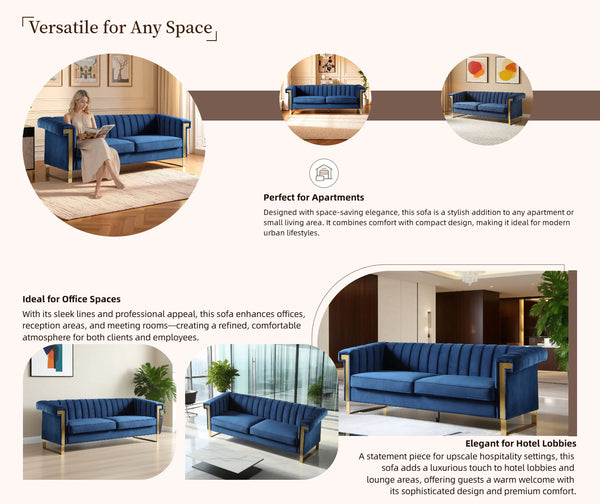 English Elm FX-P81-BK2 Modern Chesterfield Sofa Velvet Upholstery with Gold Metal Legs and Channel Tufting Elegance Blue W576S00088