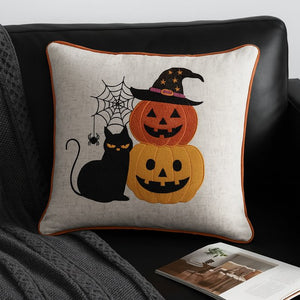 English Elm Halloween Black Cat & Pumpkin Stack Throw Pillow - Whimsical Home Decor For Spooky Seasonal Vibes B357P360663