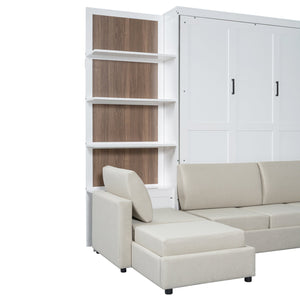 English Elm Queen Wall Bed with Linen Sofa and Open Shelving for Studio or Guest Room LP000592AAK-1