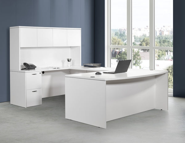 OSP Home Furnishings Napa Executive U Shaped Workstation with Hutch Ball Bearing Drawers and Wire Management White NAPWHT-TYP12