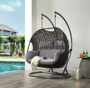 English Elm Vasant Gray Fabric & Wicker Hanging Chair with Stand, All-Weather Patio Swing, Cushions Included B2726S00366