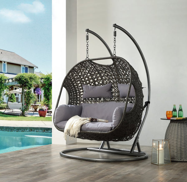 English Elm Vasant Gray Fabric & Wicker Hanging Chair with Stand, All-Weather Patio Swing, Cushions Included B2726S00366