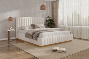 English Elm King Upholstered Bed Linen Channel Stitch Tall Headboard Solid Wood Slatted Base N757K339014I