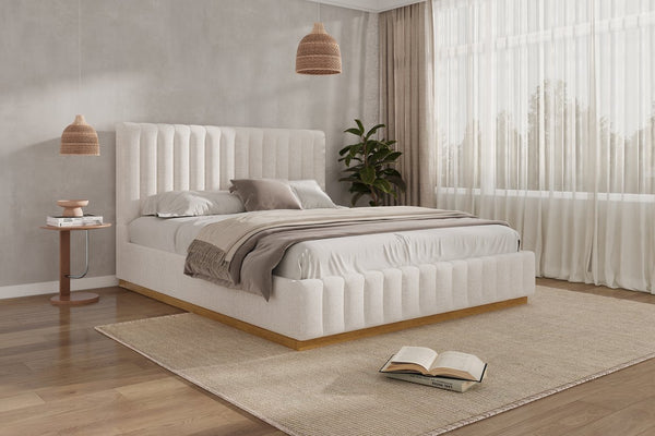 English Elm King Upholstered Bed Linen Channel Stitch Tall Headboard Solid Wood Slatted Base N757K339014I