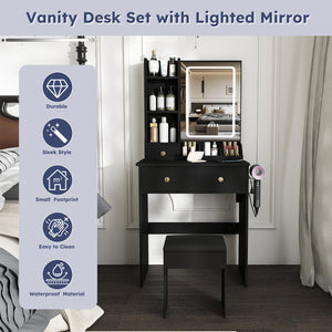 English Elm Modern Vanity Desk with Led Mirror 3 Drawers Built-in Outlet and Matching Chair Black W509P465833
