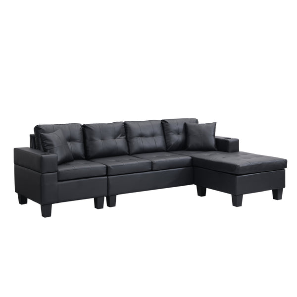 English Elm Sectional Faux Leather L Shape Sofa with Reversible Chaise and Cup Holder Modern W311S00062