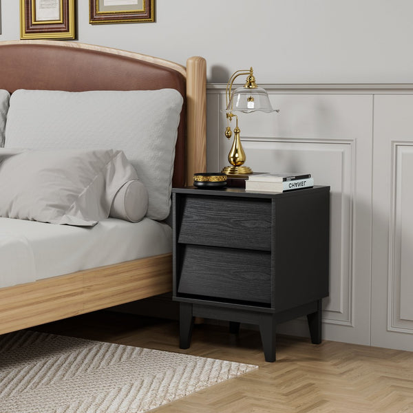 English Elm 2 Nightstands Vintage Bevel Design with Hidden Drawer Pulls and Solid Wood Legs for Stable Style Black W578P192479