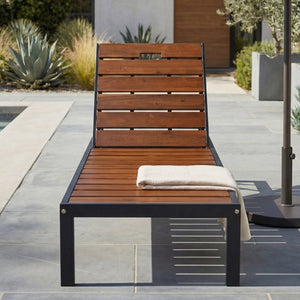 English Elm Outdoor Acacia Wood Slat Chaise Lounge with Powder Coated Frame for Patio Resort Black+Brown N719P383161D