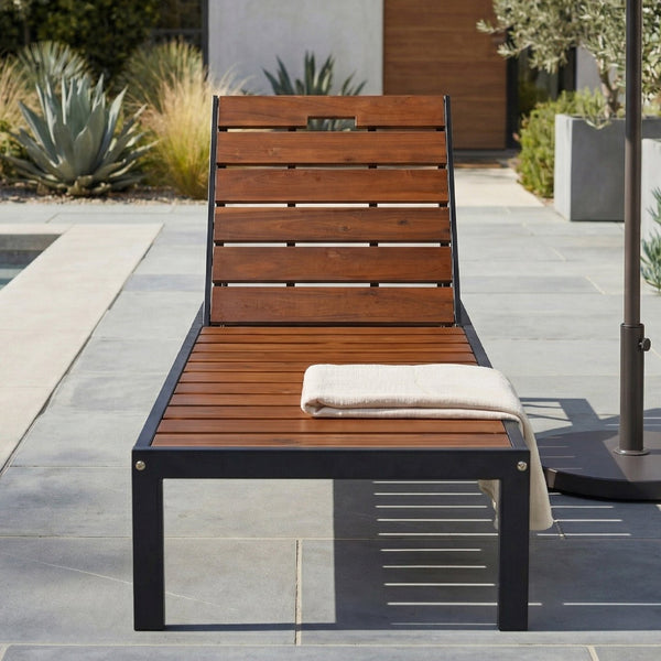 English Elm Outdoor Acacia Wood Slat Chaise Lounge with Powder Coated Frame for Patio Resort Black+Brown N719P383161D