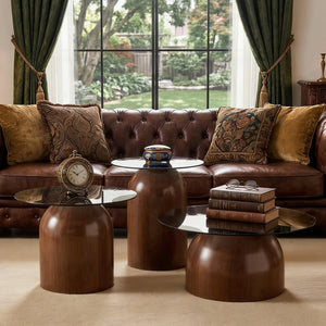 English Elm Nesting Coffee Tables Set of 3 Round Tempered Glass Tops Walnut Steel Base Living Room W2920S00149