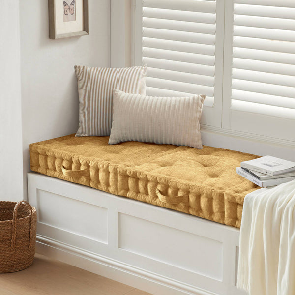 English Elm 1- Piece Tufted Chenille Floor Cushion with Scalloped Edge for Bohemian Living Spaces Yellow B035P482972