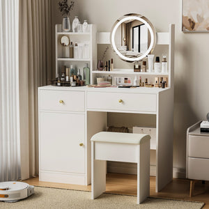 English Elm Fashion Vanity Desk With Adjustable Led Mirror & Cushioned Chair - Elegant, Organized, White Set W2699P214618