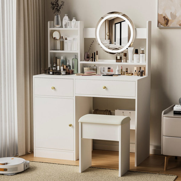 English Elm Fashion Vanity Desk With Adjustable Led Mirror & Cushioned Chair - Elegant, Organized, White Set W2699P214618