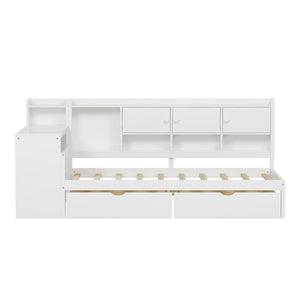 English Elm Wooden L-shape Twin Daybed with Desk Bookshelf and Nine Storage Compartments N733S351668K