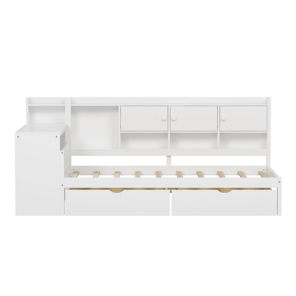 English Elm Wooden L-shape Twin Daybed with Desk Bookshelf and Nine Storage Compartments N733S351668K